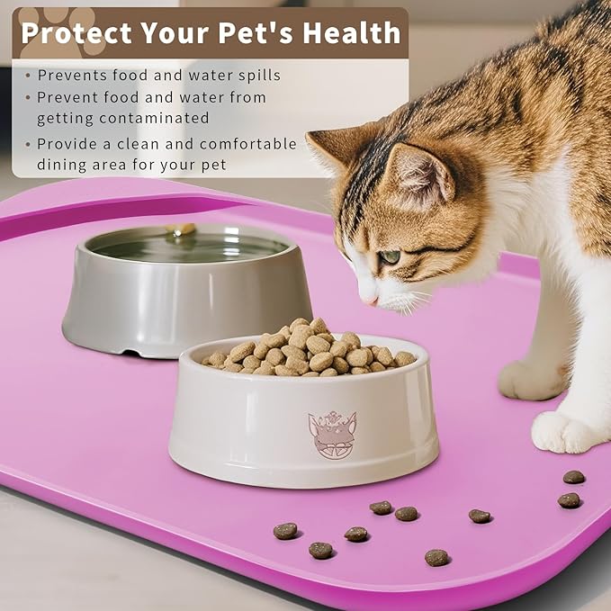 Smilool Silicone Pet Food Mat with Raised Edge for Food and Water Bowl, Dog Feeding Mats, Cat Food Trays for Floor Waterproof, Rubber Tray for Dogs and Cats, 22 x 14 x 0.8 Pink