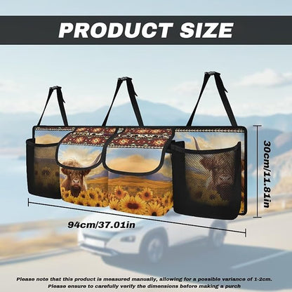 Highland Cow Sunflower Car Backseat Hanging Trunk Organizer with 4 Pockets Multipurpose Adjustable Car Organizer Bag Auto Interior Accessories