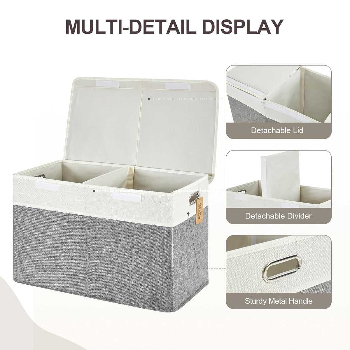Large Toy Box with Flip-Top Lid, Collapsible Storage Organizer Bins with Dividers and Handles, Kids Bin Chest Baskets for Toys, Playroom Organizers, Nursery 25"x13" x16" (Gray & White)