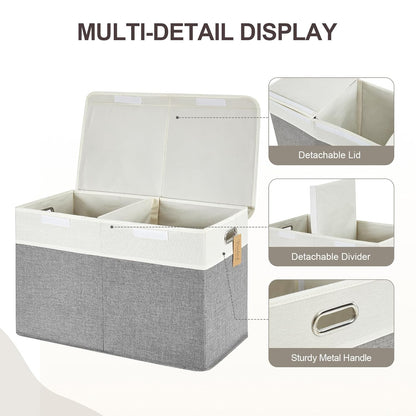 Large Toy Box with Flip-Top Lid, Collapsible Storage Organizer Bins with Dividers and Handles, Kids Bin Chest Baskets for Toys, Playroom Organizers, Nursery 25"x13" x16" (Gray & White)