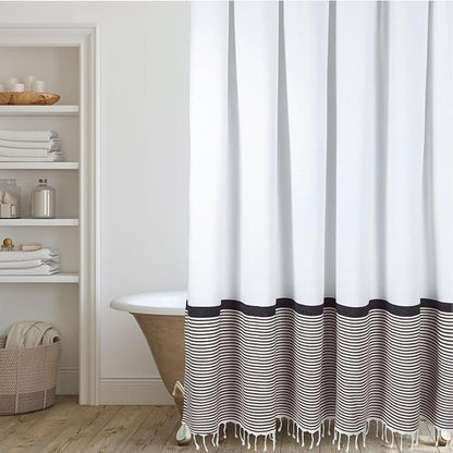 HALL & PERRY Modern Farmhouse Tassel Shower Curtain 100% Cotton Striped Fabric Shower Curtain with Tassels for Bathroom Décor (Tan, 72"x84")