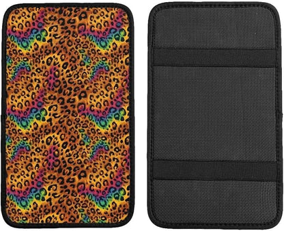 Center Console Cover Rainbow Leopard Armrest Box Cushion Pad Animal Cheetah Arm Rest Lid Covers SUV Sedans Truck Interior Accessories, Anti-Scratch Car Decor Protector, Brown