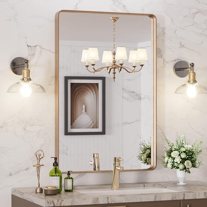 LOAAO 24”X36” Gold Bathroom Mirror, Rounded Rectangle Gold Frame Mirror