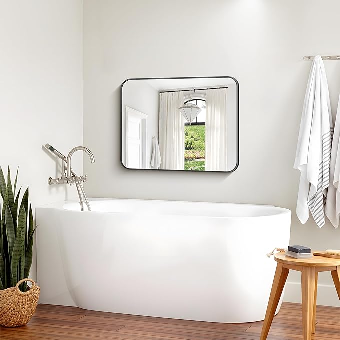 Bathroom Mirror, 30 x 24 inch Metal Framed Black Rectangle Mirror, Rounded