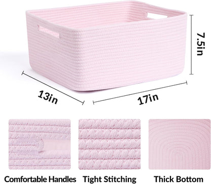 Large Storage Baskets for Shelves, Closet Organizers Bins for Clothes Blanket Towels, Baby Nursery, Toy Baskets Box, Woven Rope Baskets, 17 x 13 x 7.5”, 3 Packs Light Pink