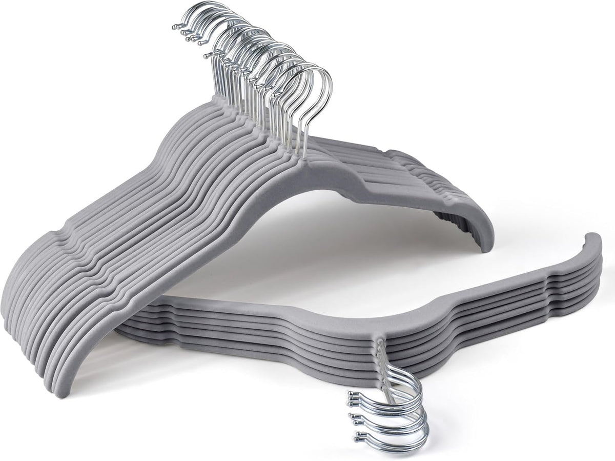 Premium Velvet Shirt Hangers 30 Pack, Space-Saving Non-Slip Felt Hanger with 360° Swivel Hook, Slim Flocked Hangers for Strappy Dresses, Blouses, Tank Tops(Grey)