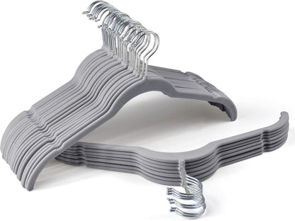Premium Velvet Shirt Hangers 30 Pack, Space-Saving Non-Slip Felt Hanger with 360° Swivel Hook, Slim Flocked Hangers for Strappy Dresses, Blouses, Tank Tops(Grey)