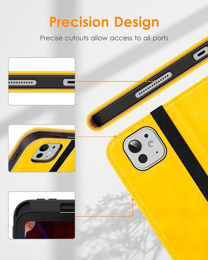 DTTO for iPad Pro 13 inch Case (M5/M4) 2025/2024, Premium Leather Business Folio Stand Cover with Pencil Holder - Auto Wake/Sleep & Multiple Viewing Angles, Built in Hand Strap & Pocket, Yellow