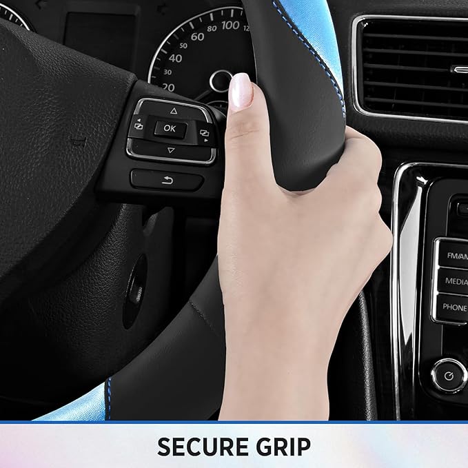 Road Comforts Steering Wheel Cover – Breathable Leather Steering Wheel Cover, Anti-Slip Grip, Universal Fit 14.5” to 15”, Heat & Cold Resistant for Cars, SUVs, and Trucks – Black & Metallic Blue