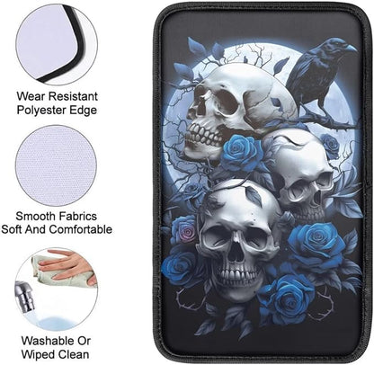 Dreaweet Goth Car Accessories for Women Interior Blue Rose and Skull Arm Rest Cover for Car Truck SUV Center Console Cushion Pad Anti Slip Comfort Padded Armrest Cover