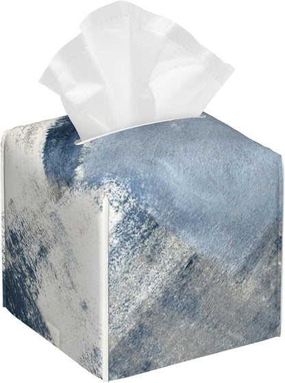OHEGBXE Tissue Box Holder Blue and Grey Abstract Art Square Leather Tissue Box Cover Modern Cube Facial Paper Cover Case for Bathroom Vanity Countertop Night Stands Tabletop