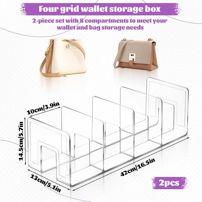 2 Pcs Acrylic Purse Organizer for Closet, 4 Sections Clear Handbag Storage Shelf 16.5 x 5.7 x 5.1 Inch Thickened Handbags Divider for Clutch, Clothes, Book, Document