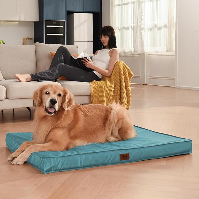 Tail Stories Outdoor Dog Bed for Small Dogs & Cats, Waterproof Dog Crate Mat Orthopedic Egg Crate Foam with Washable Removable Oxford Cover, Light Blue