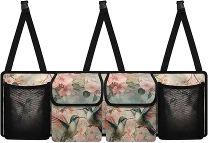 Hanging Car Trunk Organizer, Hummingbird Pink Flower Print Car Back Seat Storage with 4 Pockets Large Capacity Back Seat Storage Bag Waterproof Universal Car Interior Accessories