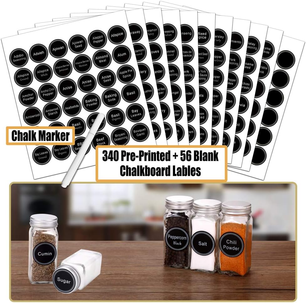 SWOMMOLY 42 Glass Spice Jars with 703 Spice Labels, Chalk Marker and Funnel Complete Set. 42 Square Glass Jars 4oz, Airtight Cap, Pour/sift Shaker Lid