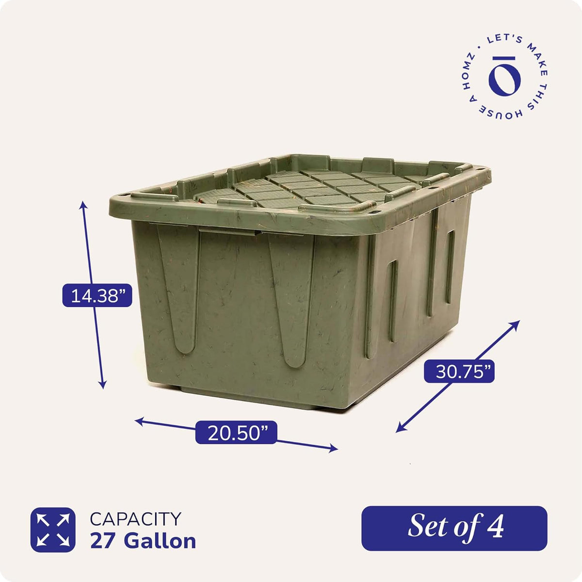 HOMZ 4-Pack Durabilt Tote, Heavy Duty Plastic Storage Bins with Lids, 27 Gallon, Green Camo - Stackable Organizing Containers for Home, Garage, and Office
