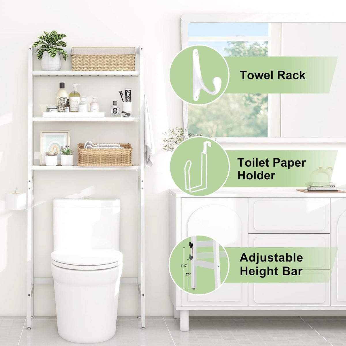 MallKing Over The Toilet Storage, Wooden 3-Tier Over-The-Toilet Rack Bathroom Space Saver Organizer, Freestanding Above Toilet with Toilet Paper Holder and Hooks (White)