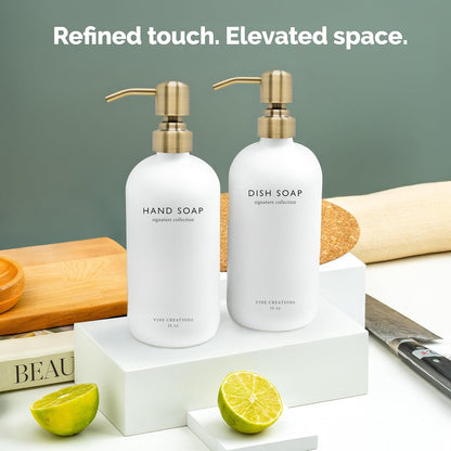 Vine Creations White Glass Soap Dispenser Set, Dish Soap and Hand Soap Dispenser Set with Stainless Steel Pump, 16 oz Glass Dispensers for Kitchen or Bathroom Decor (Matte White Bottle/Brushed Brass)