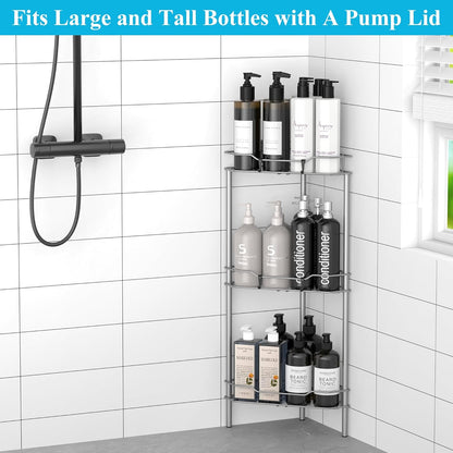 3 Tier Floor Standing Corner Shower Caddy Organizer Shelf with Hooks, Bathroom Shelves Stand Rack, Gray