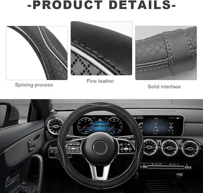 Car Steering Wheel Cover, 15 Inch Anti-Slip Breathable Leather Auto Steering Wheel Protector, Full Surround Soft Steering Wheel Cover for Men Women, Car Interior Accessories (Black & White)