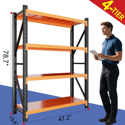79" H Garage Shelving,3500LBS Heavy Duty Storage Rack,4 Tiers Metal Storage Rack Shelf, Adjustable Shelving Unit for Garage,Kitchen,Warehouse,Basement,78.7" H x 47.2" W x 19.6" D,Black&Orange