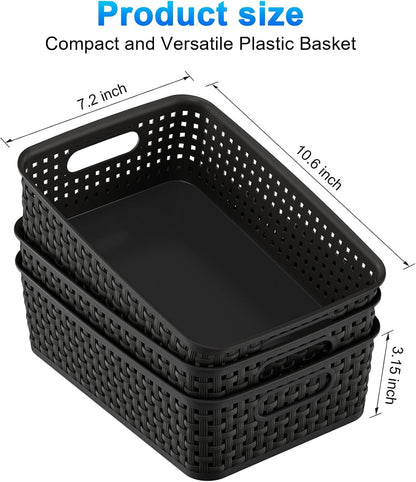 Black Plastic Basket, 8 Pack Home Organization and Storage Baskets with Handles, Space Saving Woven Organizer Bins Plastic Storage Basket for Organizing Cabinets,Closets, Shelves, Countertops