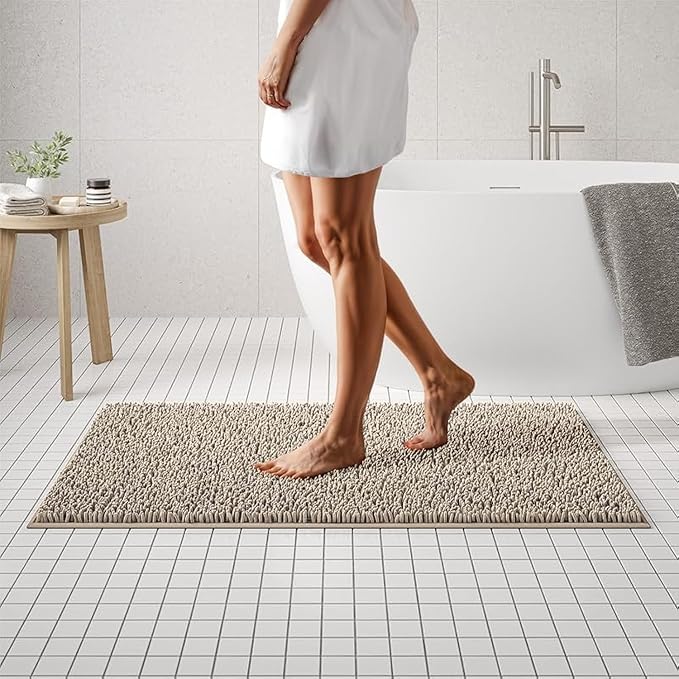 MAYSHINE Plush Shaggy Chenille Bath Mat | Extra Soft, Super Absorbent, Non-Slip Bathroom Rug | Fluffy Microfiber, Area Rug Sets for Bathroom Floor, Kitchen, Living Room | 47"x27" | Beige