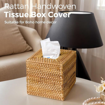 KALEKAIL Rattan Tissue Box Cover, Wicker Tissue Box Holder Square, Boho Decorative Woven Rattan Tissue Holders for Bathroom Living Room Kitchen, Natural
