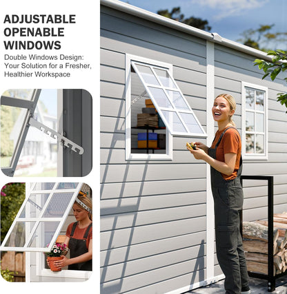 8x4 FT Resin Lean to Shed, Waterproof Outdoor Storage Shed with Floor, Adjustable Openable Window, Lockable Door & 2 Windows, Tool Shed for Patio Garden, Lawn, Backyard, Dove Grey