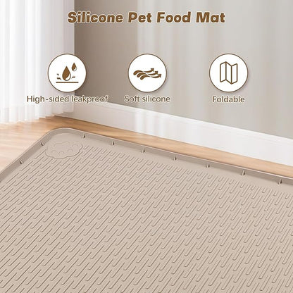 Bartuke Cat Food Mat, 50" x 35" Extra Large Silicone Pet Feeding Mat with Raised Edge Pet Placemat for Food and Water Bowl Non-Slip, Easy to Clean, Floor Protection (Khaki)