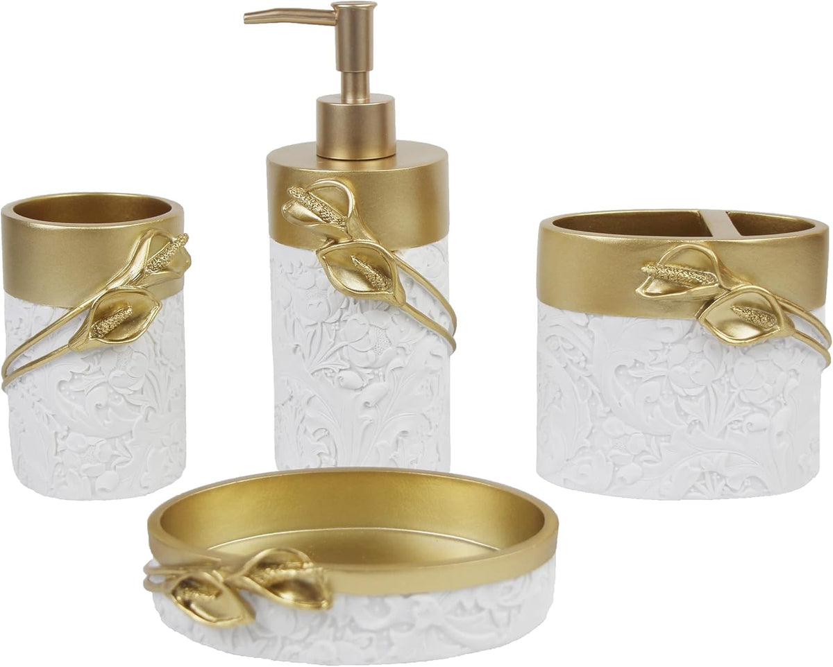 Hymmah Bathroom Accessories Set,Golden Design Toothbrush Holder,Farmhouse Bathroom Decor,4 Pcs Resin Gift Set Apartment Necessities, Contain Toothbrush Cup,Soap Dispenser,Soap Dish,Tumbler