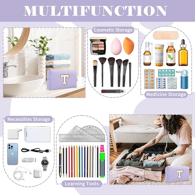 Personalized Makeup Bag Initial A-Z Preppy Patch Bag,Small PU Leather Travel Cosmetic Bag Pouch with Zipper,Purple Cute Toiletry Bag,Gift Ideal for Teen Girls Women Birthday Friend Mom,Latter T