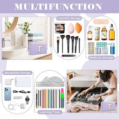 Personalized Makeup Bag Initial A-Z Preppy Patch Bag,Small PU Leather Travel Cosmetic Bag Pouch with Zipper,Purple Cute Toiletry Bag,Gift Ideal for Teen Girls Women Birthday Friend Mom,Latter T