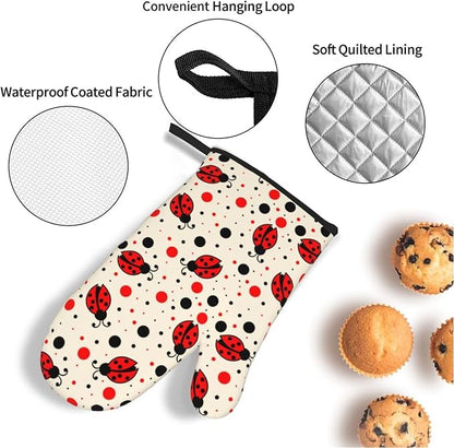 Ladybugs Oven Mitts and Pot Holders 4 Pcs Set Oven Gloves and Potholders for Cooking Microwave BBQ Baking Grilling