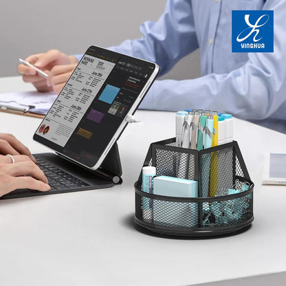 YINGHUA Metal Mesh Desk Organizer with 5 Compartments and Rotating Pencil Holder Pen and Stationery Organizer for Office Home School Anti Slip Base Black