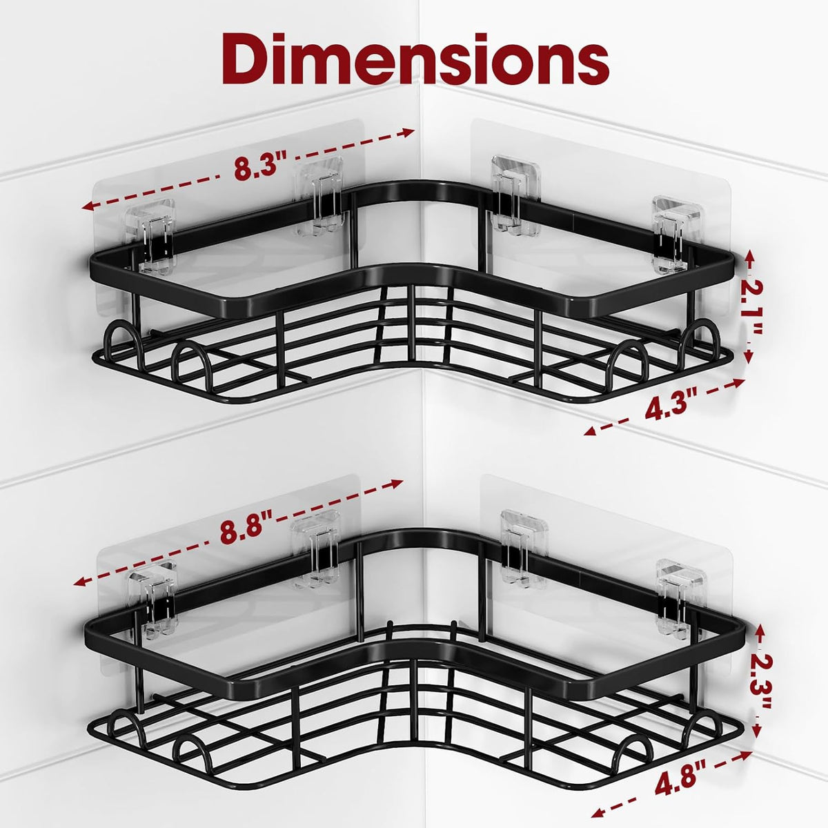 Corner Shower Caddy - 2 Pack, Adhesive Shower Organizers, Rustproof Stainless Steel Shower Shelves with 8 Hooks, No Drilling Bathroom Organizers and Storage Racks, Space-Saving, Black, Large