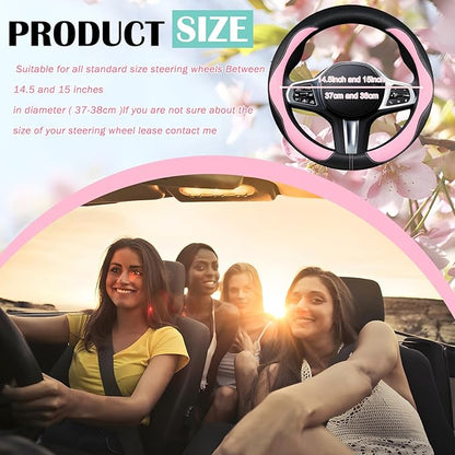 SuperKaKa Car Steering Wheel Cover 2025, Universal Auto PU Cute Breathable Slip-Proof Comfort Imitation Leather Protector Cars Interior Accessories for Women Men Fit Most Vehicle (Pink)