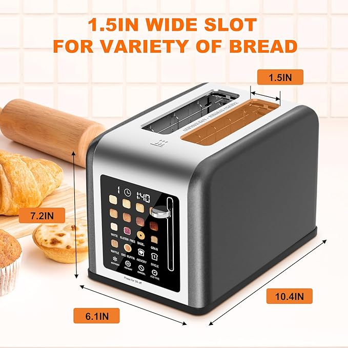 2 Slice Toaster Touch Screen, Stainless Steel Toasters Digital Timer 2 Slot