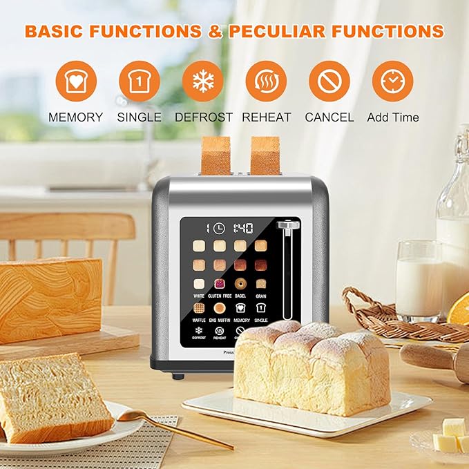 2 Slice Toaster Touch Screen, Stainless Steel Toasters Digital Timer 2 Slot
