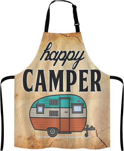 Happy Camper Apron for Women and Men, Adjustable Kitchen Chef Apron for Cooking Baking - Cute Birthday, Anniversary, Mother's Day Apron Presents for Mom Wife Girlfriend Aunt Grandma