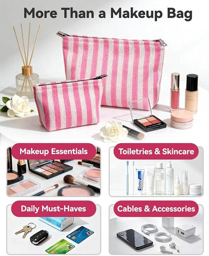 2 Pcs Makeup Bag Set, Women Gifts, Travel Cosmetic Bags, Canvas Make up Bag for Purse, Pink Striped Makeup Pouch with Zipper Lining, Cosmetic Storage Car Organizer, Portable Large & Small Toiletry