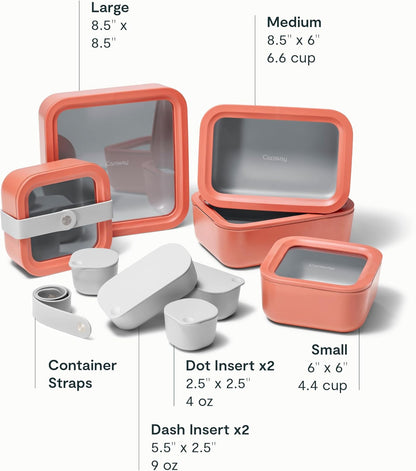 Caraway 14pc Glass Food Storage Container Set - Easy to Store, Non Toxic Lunch Box - with Glass Lids - Includes Storage Organizer & Dot & Dash Inserts - Perracotta