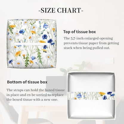 Tissue Box Cover Square, Watercolor Dandelion Cornflower Flower Leather Tissue Box Holder Decorative Organizer for Bathroom, Home Office Car Decor