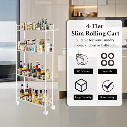 Utility Slim Storage Cart, 4-Tier Storage Cart, Narrow Cart with Handle, 7.1 Inches Deep, Metal Frame, for Kitchen, Dining Room, Living Room, Home Office, Rustic Brown and Classic (4 Tier White)