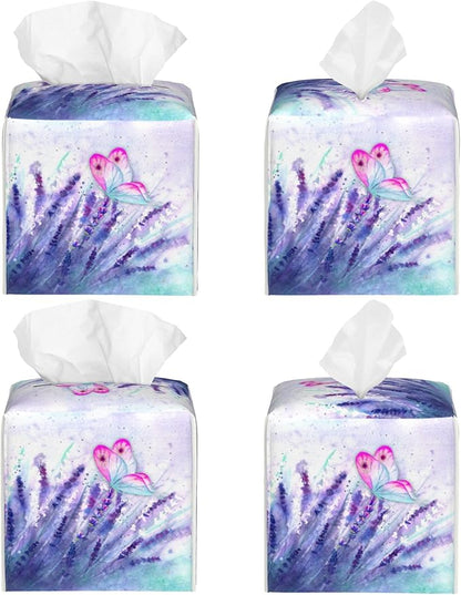 Purple Lavender and Butterfly Tissue Box Cover Square,Watercolor Lavender Flowers Tissue Box Holder Waterproof Leather Facial Paper Organizer Dispenser for Bathroom Home Car Nightstand Vanity Desk