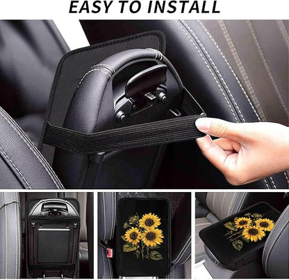 Yellow Sunflower Car Center Console Pad Cushion Cute Flower Auto Center Console Cover Protector Flowers Cars Decor Accessories Fit for Truck Vehicles SUVs, Black