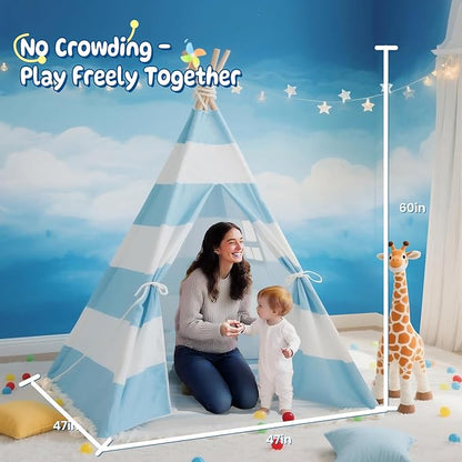 xiaowantong Teepee Tent for Kids with Padded Mat, Lights, and Carry Bag, Washable Playhouse for Indoor Use, Ideal Play Tent for Girls and Boys,Stripe Blue