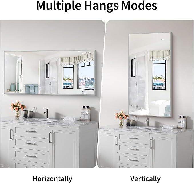 48x24In Silver Bathroom Mirror for Wall, Brushed Nickel Rectangle Mirrors