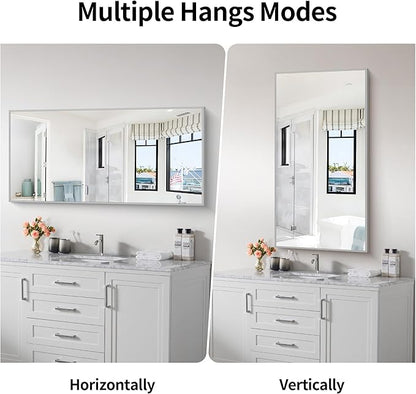 48x24In Silver Bathroom Mirror for Wall, Brushed Nickel Rectangle Mirrors