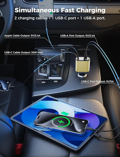 【Upgraded】 SUPERONE Retractable Car Charger 4 in 1, Fast Car Phone Charger with Cord 2.6ft, USB C and Apple Car Charger Adapter, Compatible with iPhone 17/16/15/15 Pro Max/14/13/12/11, Galaxy, Pixel